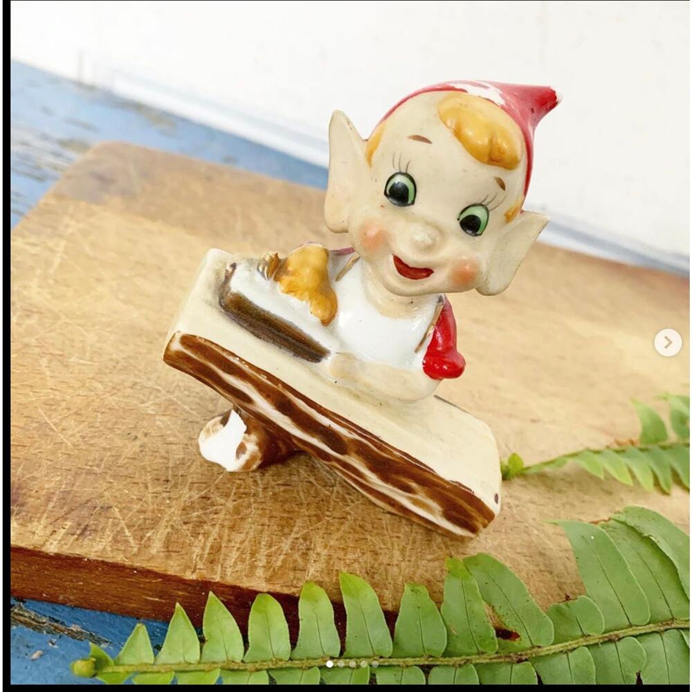 Vintage Christmas Pixie Elf Figurine Red Outfit School Desk Big Ears Japan